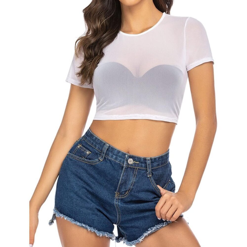 🆕Women White Sheer Mesh Crop Top Short Sleeve See Through Top for Women